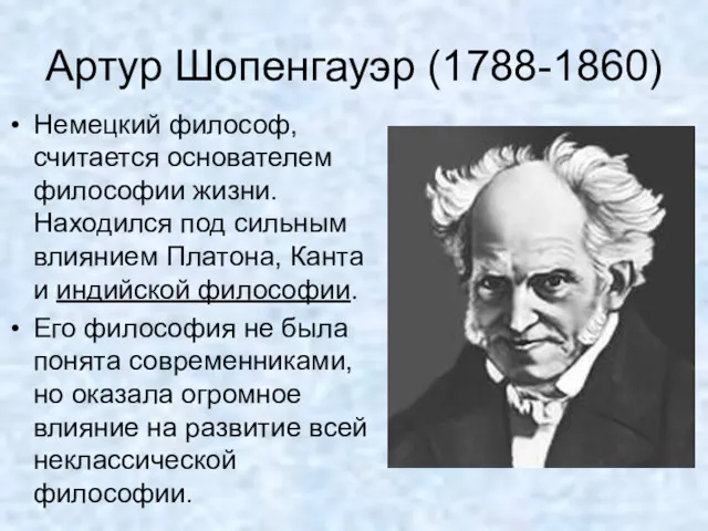 Артур Шопенгауэр (1788-1860) Немецкий философ, считается основателем философии жизни. Находился