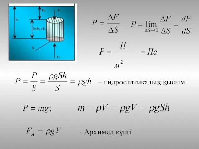 – гидростатикалық қысым - Архимед күші