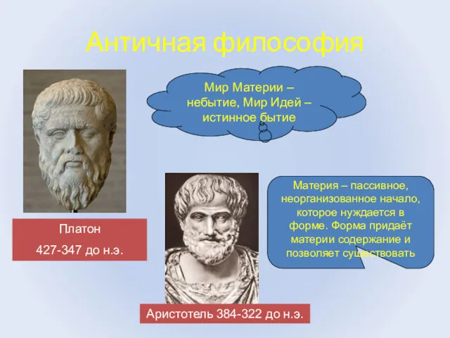 Античная философия Мир Материи – небытие, Мир Идей – истинное бытие Платон 427-347
