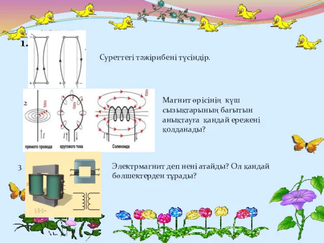 1. Суреттегі тәжірибені түсіндір. Магнит өрісінің күш сызықтарының бағытын анықтауға