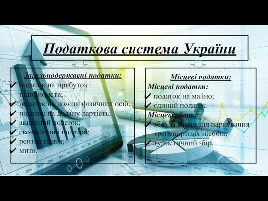 Податкова система України Місцеві податки: Місцеві податки: податок на майно; єдиний податок. Місцеві