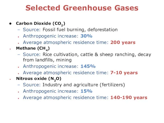 Selected Greenhouse Gases Carbon Dioxide (CO2) Source: Fossil fuel burning,