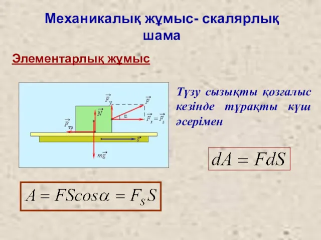 Механикалық жұмыс- скалярлық шама Элементарлық жұмыс Түзу сызықты қозғалыс кезінде тұрақты күш әсерімен