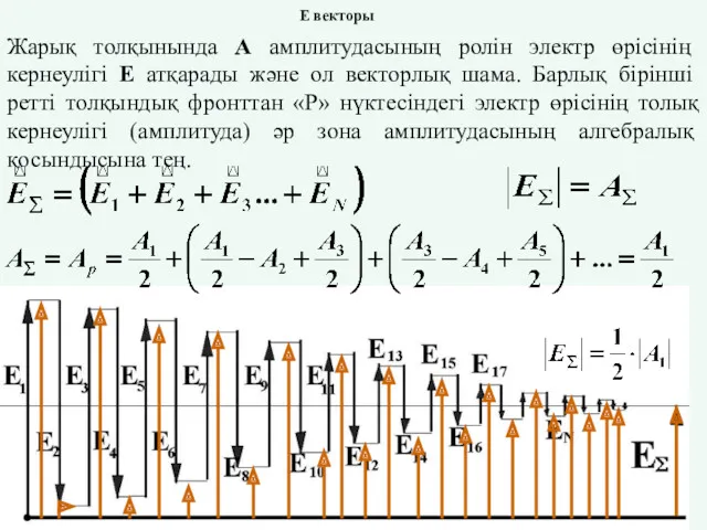 Е векторы Жарық толқынында А амплитудасының ролін электр өрісінің кернеулігі