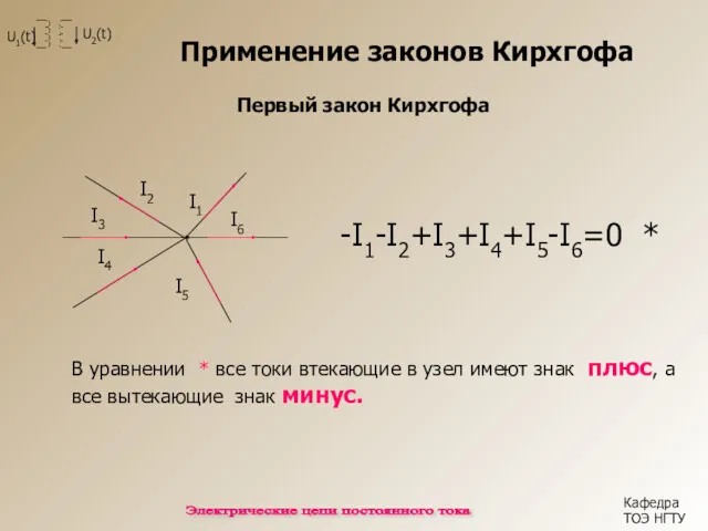 Применение законов Кирхгофа Кафедра ТОЭ НГТУ Электрические цепи постоянного тока