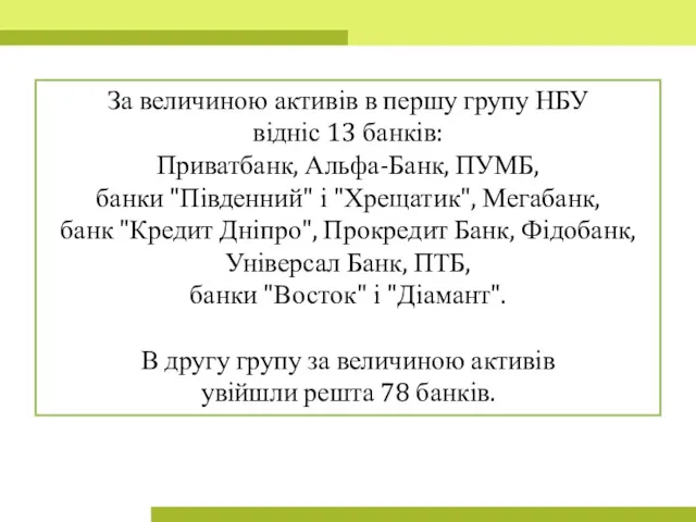 За величиною активів в першу групу НБУ відніс 13 банків: