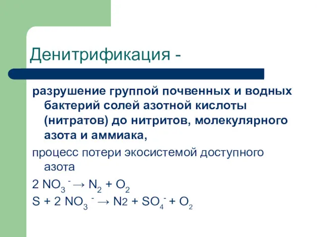 Денитрификация - разрушение группой почвенных и водных бактерий солей азотной