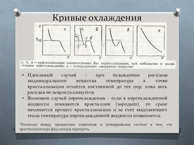 Кривые охлаждения Идеальный случай – при охлаждении расплава индивидуального вещества