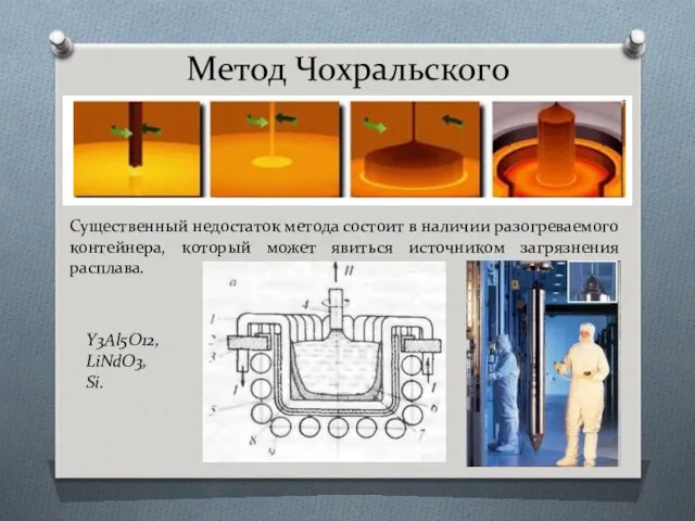 Метод Чохральского Y3Al5O12, LiNdO3, Si. Существенный недостаток метода состоит в