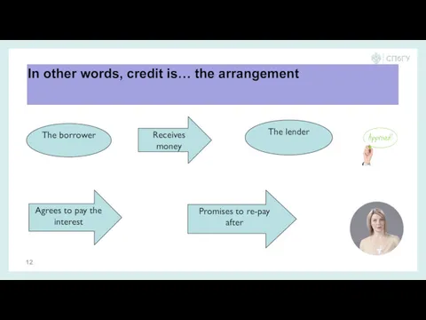 In other words, credit is… the arrangement The borrower The lender Receives money