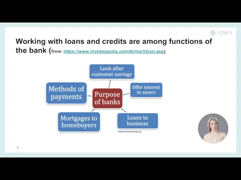 Working with loans and credits are among functions of the bank (from https://www.investopedia.com/terms/l/loan.asp)