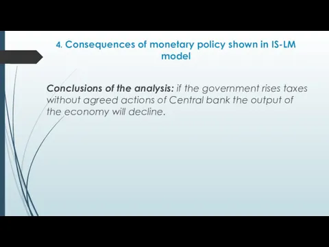 4. Consequences of monetary policy shown in IS-LM model Conclusions