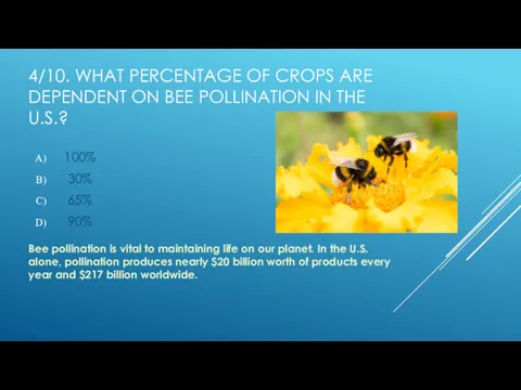 4/10. WHAT PERCENTAGE OF CROPS ARE DEPENDENT ON BEE POLLINATION
