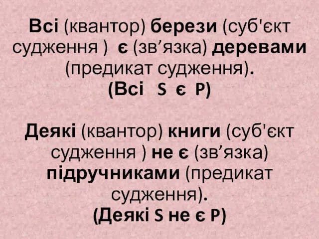 Всі (квантор) берези (суб'єкт судження ) є (зв’язка) деревами (предикат