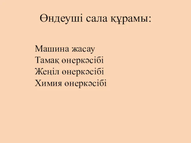 Өндеуші сала құрамы: Машина жасау Тамақ өнеркәсібі Жеңіл өнеркәсібі Химия өнеркәсібі