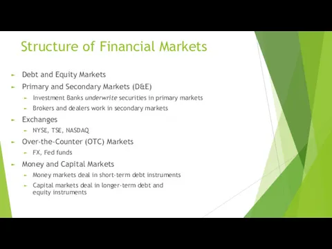 Structure of Financial Markets Debt and Equity Markets Primary and