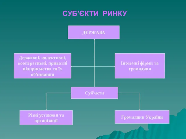 СУБ’ЄКТИ РИНКУ ДЕРЖАВА Державні, колективні, кооперативні, приватні підприємства та їх