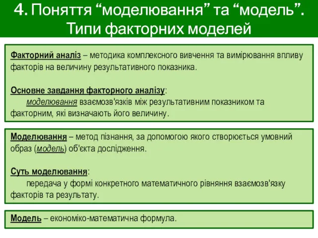 4. Поняття “моделювання” та “модель”. Типи факторних моделей Факторний аналіз