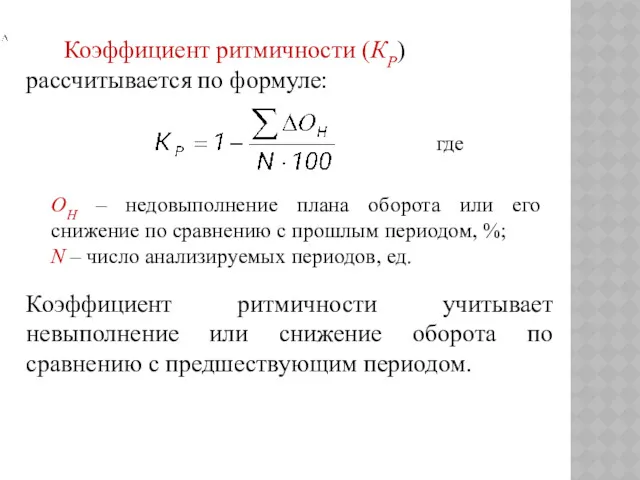 Коэффициент ритмичности (КР) рассчитывается по формуле: где ОН – недовыполнение