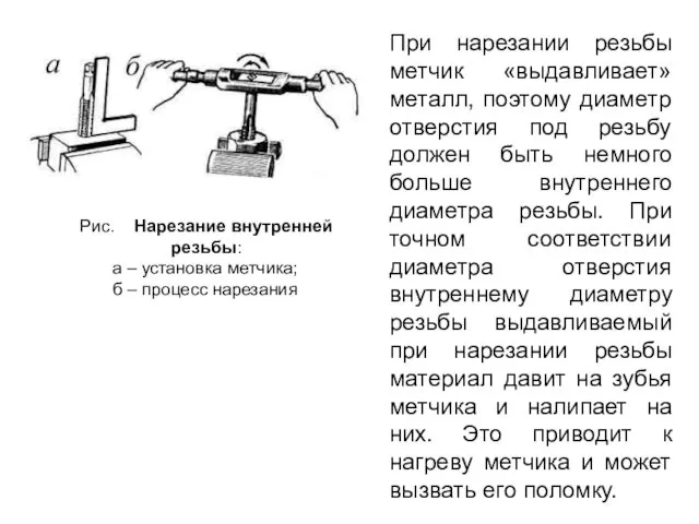 Рис. Нарезание внутренней резьбы: а – установка метчика; б –