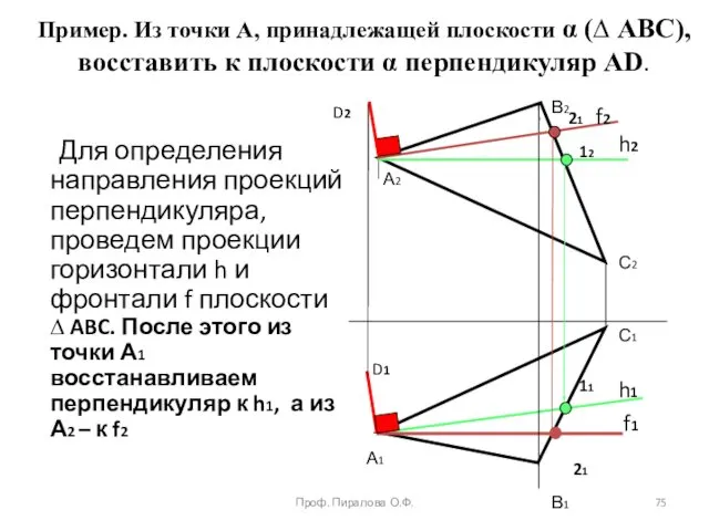 Пример. Из точки А, принадлежащей плоскости α (∆ ABC), восставить