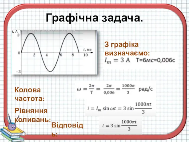 Графічна задача. З графіка визначаємо: Колова частота: Рівняння коливань: Відповідь: