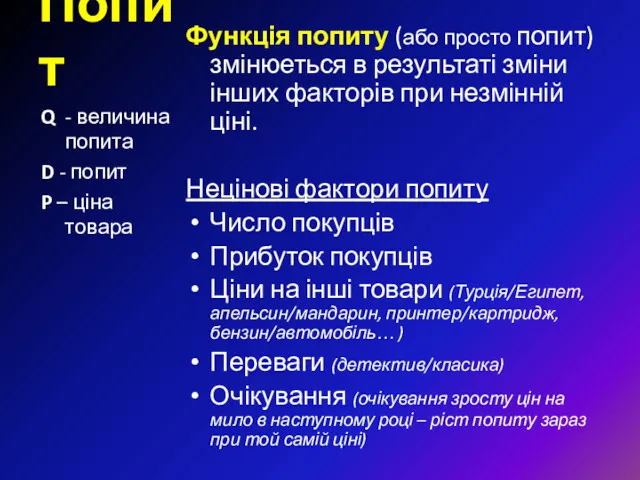 Попит Функція попиту (або просто попит) змінюеться в результаті зміни