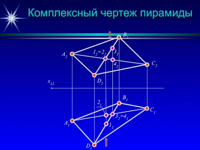 Комплексный чертеж пирамиды A2 B2 C2 D2 12=22 32 42