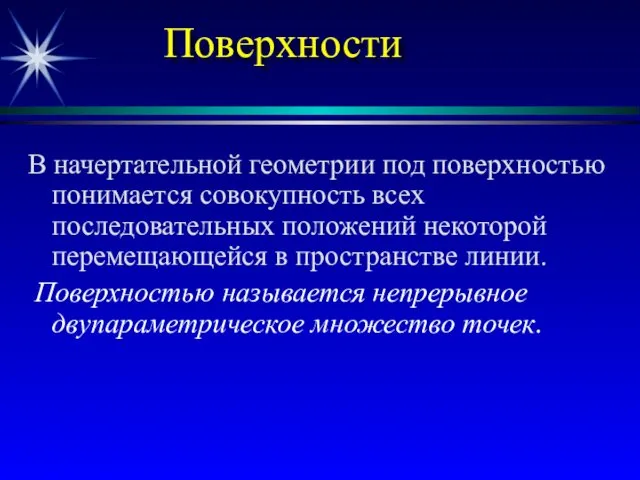 Поверхности В начертательной геометрии под поверхностью понимается совокупность всех последовательных