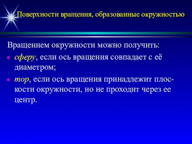 Поверхности вращения, образованные окружностью Вращением окружности можно получить: сферу, если