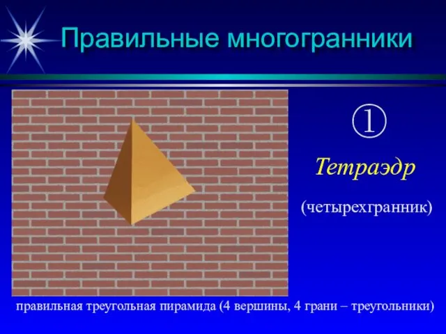 Правильные многогранники правильная треугольная пирамида (4 вершины, 4 грани – треугольники) ① Тетраэдр (четырехгранник)