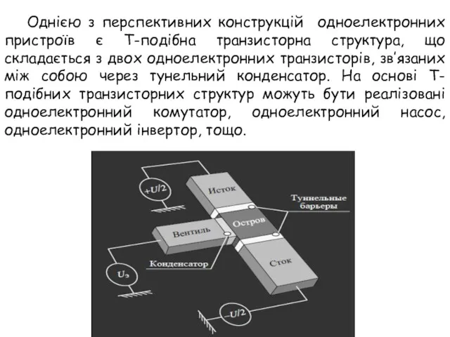 Однією з перспективних конструкцій одноелектронних пристроїв є Т-подібна транзисторна структура,