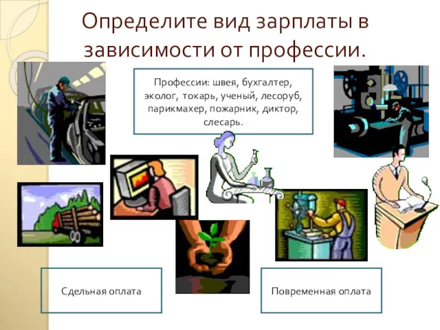 Определите вид зарплаты в зависимости от профессии. Профессии: швея, бухгалтер,