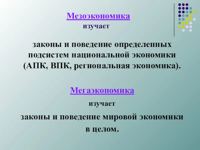 Мезоэкономика изучает законы и поведение определенных подсистем национальной экономики (АПК,