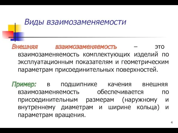 Виды взаимозаменяемости Внешняя взаимозаменяемость – это взаимозаменяемость комплектующих изделий по