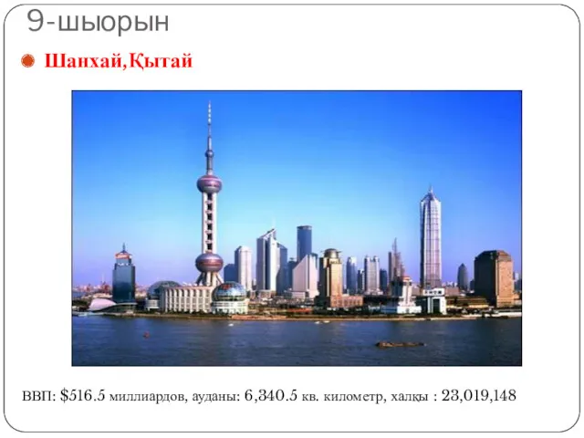 9-шыорын Шанхай,Қытай ВВП: $516.5 миллиардов, ауданы: 6,340.5 кв. километр, халқы : 23,019,148