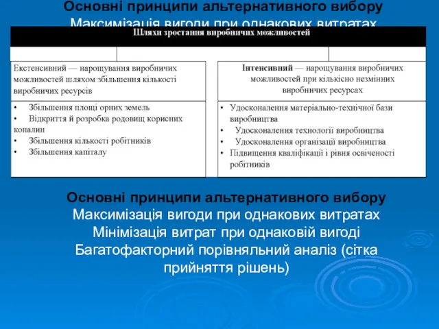 Основні принципи альтернативного вибору Максимізація вигоди при однакових витратах Мінімізація