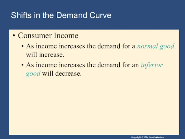 Shifts in the Demand Curve Consumer Income As income increases