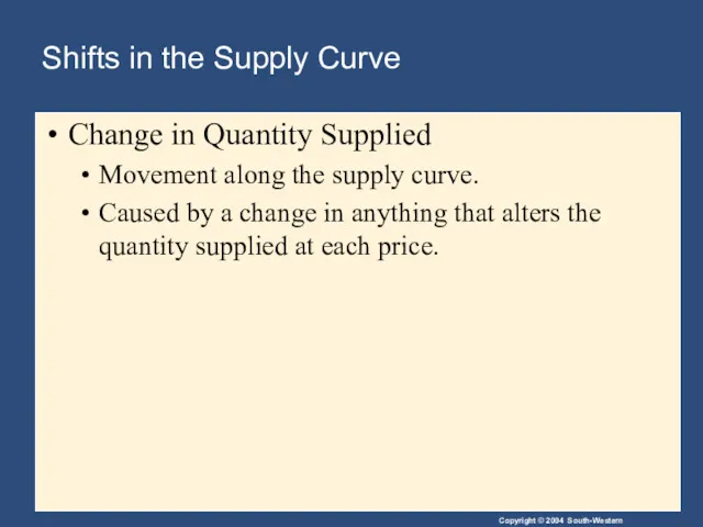 Shifts in the Supply Curve Change in Quantity Supplied Movement