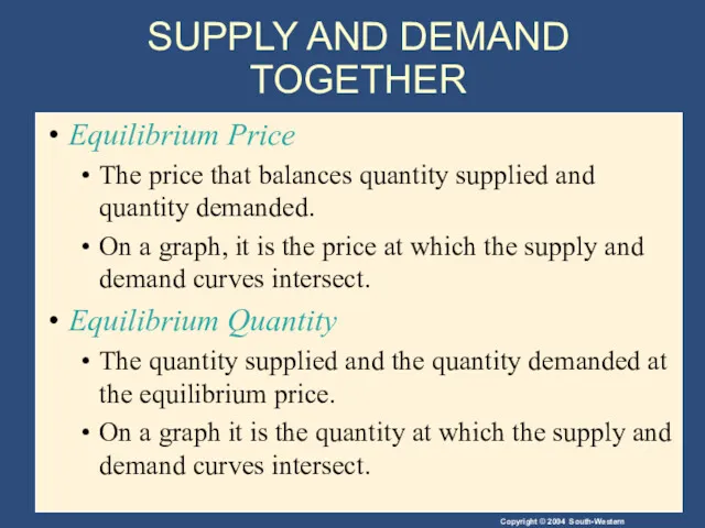 SUPPLY AND DEMAND TOGETHER Equilibrium Price The price that balances