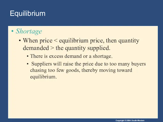 Equilibrium Shortage When price the quantity supplied. There is excess