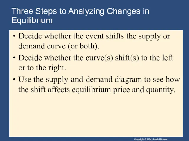 Three Steps to Analyzing Changes in Equilibrium Decide whether the