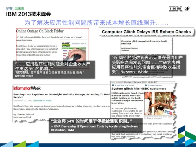 为了解决应用性能问题所带来成本增长直线飙升…… “……应用程序性能问题会对企业收入产生高达 9% 的影响。” “研究表明，应用程序性能欠佳会直接造成收益损失”- Network World “企业将 54% 的时间用于停运检测和识别。”
