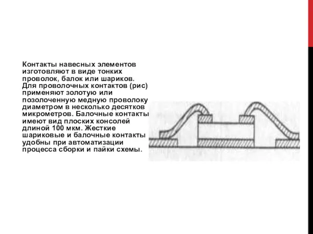 Контакты навесных элементов изготовляют в виде тонких проволок, балок или