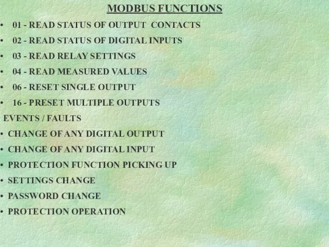 MODBUS FUNCTIONS 01 - READ STATUS OF OUTPUT CONTACTS 02