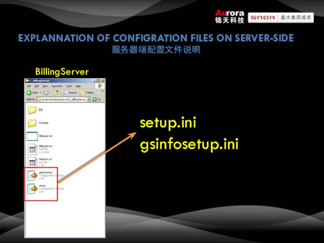 EXPLANNATION OF CONFIGRATION FILES ON SERVER-SIDE 服务器端配置文件说明 setup.ini gsinfosetup.ini BillingServer