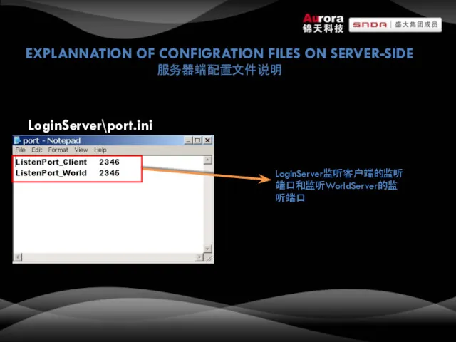 EXPLANNATION OF CONFIGRATION FILES ON SERVER-SIDE 服务器端配置文件说明 LoginServer\port.ini LoginServer监听客户端的监听端口和监听WorldServer的监听端口
