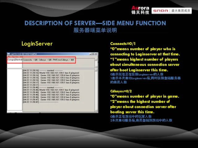 DESCRIPTION OF SERVER—SIDE MENU FUNCTION 服务器端菜单说明 LoginServer Connects=0/1 “0”means number