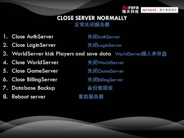 CLOSE SERVER NORMALLY 正常关闭服务器 Close AuthServer 关闭AuthServer Close LoginServer 关闭LoginServer WorldServer kick Players