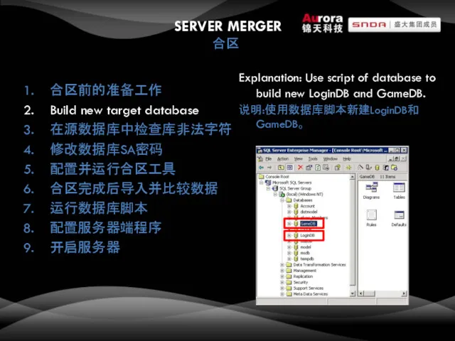 SERVER MERGER 合区 合区前的准备工作 Build new target database 在源数据库中检查库非法字符 修改数据库SA密码 配置并运行合区工具 合区完成后导入并比较数据 运行数据库脚本